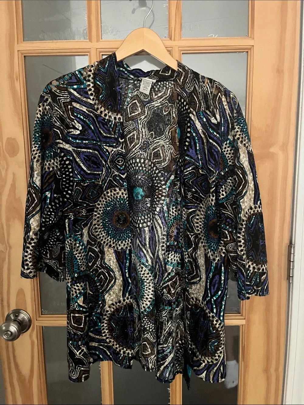Chico's lace cardigan 3/4 sleeve teal, tan, blue brown abstract print